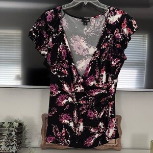 East 5th Black Floral Wrap Top with Pink & Purple Accents